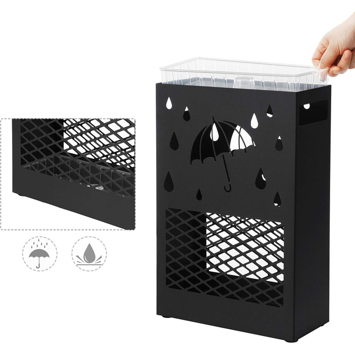 SONGMICS Metal Umbrella Stand with Water Tray, 4 Hooks, Cutout Design - Black for Entryway & Office