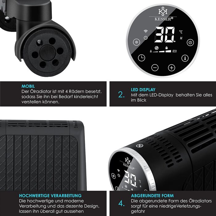 Електричний масляний радіатор KESSER 2500W з WiFi, дисплеєм, термостатом, таймером, сенсорним управлінням і захистом від перегріву, чорний