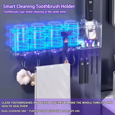 Wall-Mounted Toothbrush Holder with Toothpaste Dispenser, Smart Clean Toothbrush Holder with Solar Charging, Multifunctional Toothbrush Holder Set with 3 Cups and Towel Holder (3 Cups, Gray)