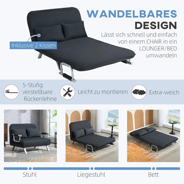 HOMCOM Convertible Sofa Bed with Adjustable Backrest, Throw Pillows, and Armrests
