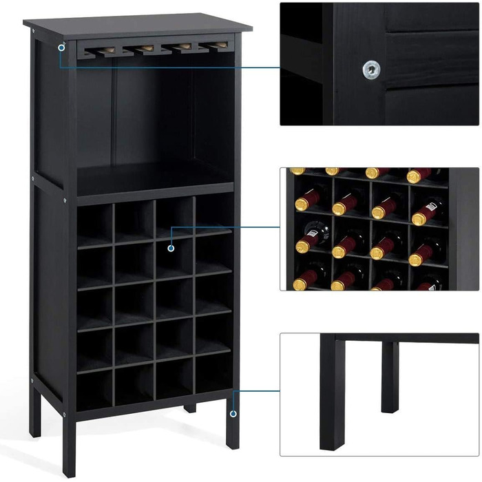 RELAX4LIFE Wine Rack Pine Wood, Wine Cabinet with Wine Glass Holder, Wine Holder for 20 Bottles, Wine Stand for Kitchen, Bottle Shelf for Wine & Drinks, Large Storage 42 x 24.5 x 96 cm (Black)