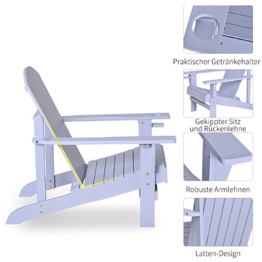 Крісло Adirondack Outsunny з підстаканником, масивне дерево, сіре, шезлонг для балкона, 72,5 x 97 x 93 см