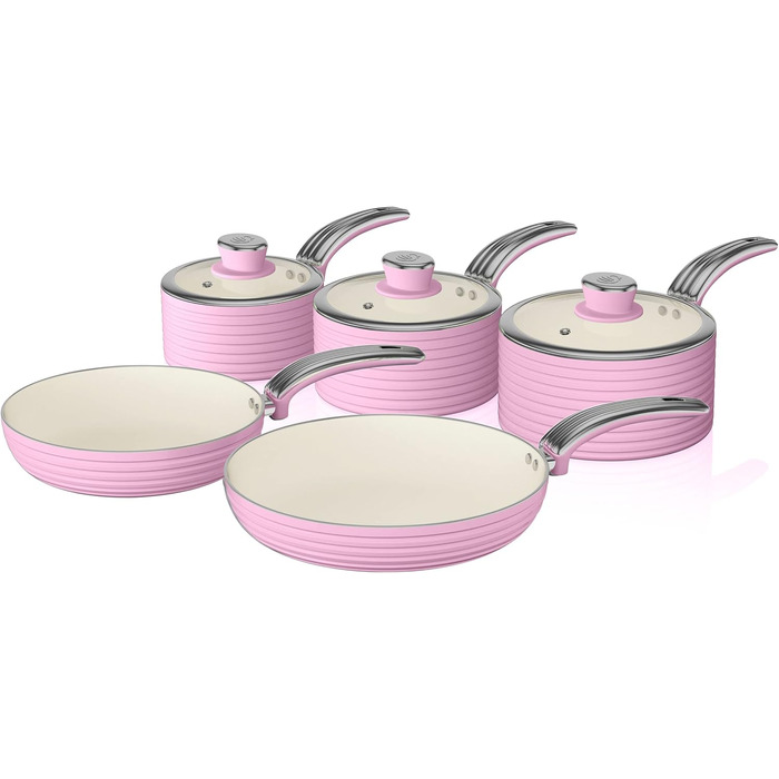 Swan 5-Piece Frying Pan Set, Retro Design, Aluminum, 29.5x47x18 cm (Rose)