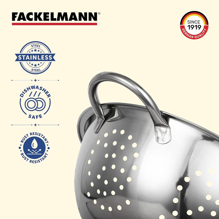 Ситечко для зливання Fackelmann, нержавіюча сталь, сито для макаронів з ручками, срібний колір, 1 шт.