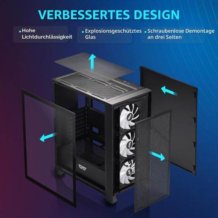 Ігровий корпус darkFlash DRX70 ATX Mid-Tower, 3x120мм RGB вентилятори, загартоване скло, Mesh-панель, чорний