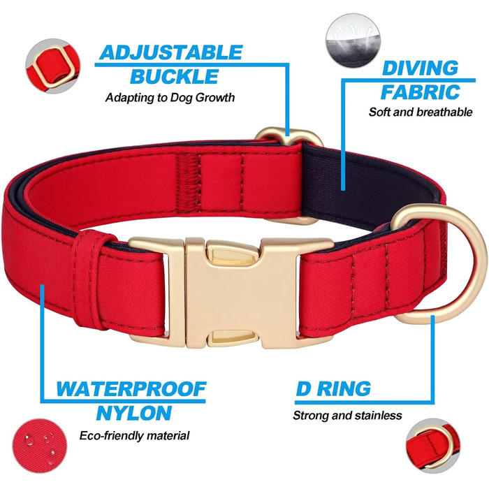 Нашийник для собак Didog нейлоновий, м'який, з металевою застібкою, чорний, L (розмір S: 25-38 см, червоний)