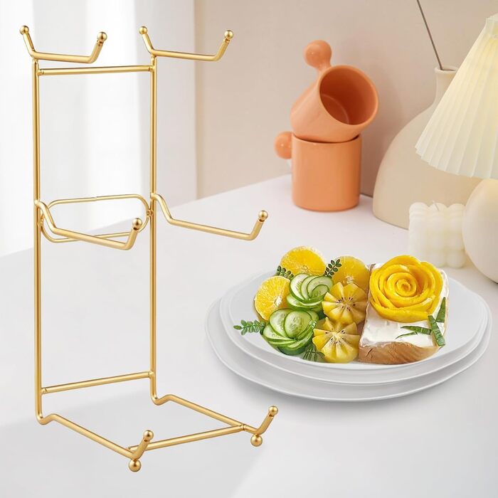 Стійка для фруктів та овочів JurciCat з 3 ярусами, золотий металевий каркас, білі пластикові миски