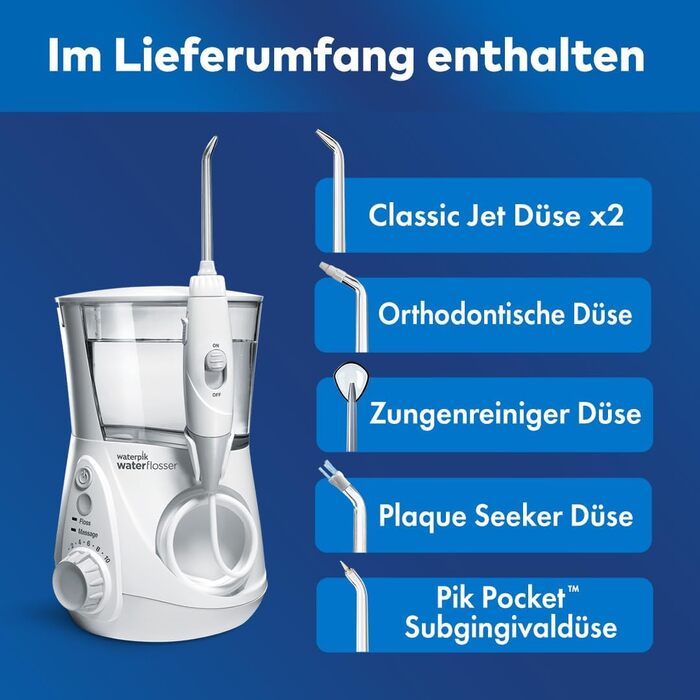 Waterpik Ultra Professional: Іригатор для порожнини рота, тестування 2024, технологія Precision Pulse, сертифікат TÜV, видалення нальоту до 99,9%, 6 насадок, 10 режимів, таймер, білий