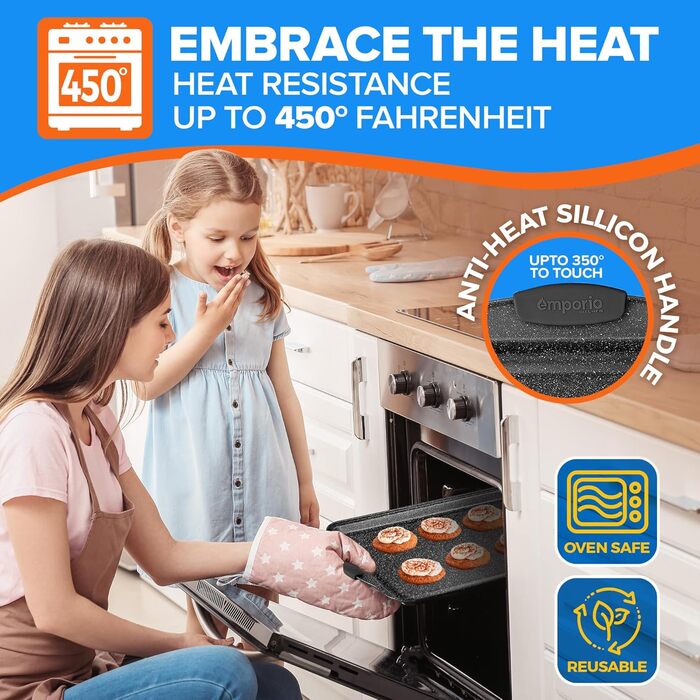 Набір форм для випічки Emporio Kitchen – антипригарне покриття, набір форм з вуглецевої сталі з сірими силіконовими ручками, без PFOA, PFOS, PTFE, рецептурник в комплекті, деко для випічки (до 230°C), сірий, набір з 25 шт.