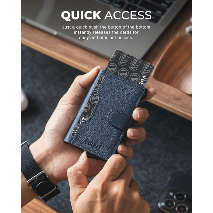 Чоловіче картхолдер VULKIT з RFID блокуванням, з металу, на 3 картки та віконцем для посвідчення, компактний гаманець, шкіряний, з магнітною застібкою, бордовий (справжня шкіра Litchi Navy)