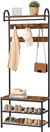 HOOBRO Coat Rack, Wardrobe Rack, Shoe Shelf with Seating, Clothes Rack with 9 Hooks, Bench, Clothes Rail, 182 cm High, Entrance Hall, Living Room, Metal Frame, Vintage Brown-Black EBF13MT01