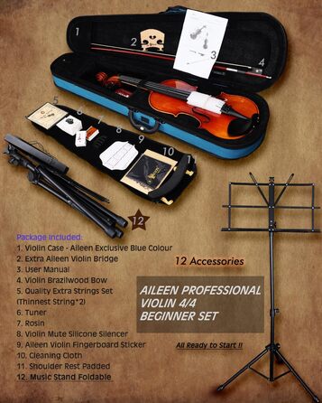 Скрипка Aileen 4/4 для дорослих та початківців, набір для дітей від 12 років, скрипка з цільної європейської сосни з підставкою для нот
