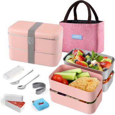 HOLIPOT Ланчбокс Bento Box з роздільниками, 2 рівні, з нержавіючої сталі та PP, з виделкою-ложкою, сумка, для дітей та дорослих (Рожевий)
