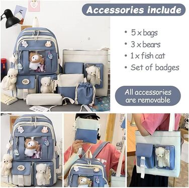 Яскравий рюкзак з милим аксесуаром, 5-ти частинний набір, великий рюкзак у стилі Харадзюку, трендовий рюкзак для школи, коледжу, подорожей, з нашивками, для дівчат, блакитний