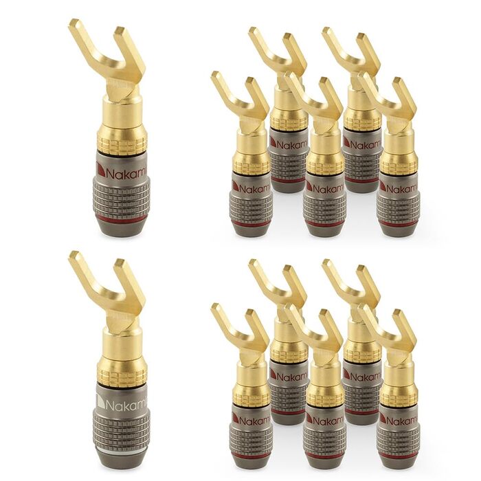 Конектори-розгалужувачі Nakamichi FanLock Excel-Serie Y-подібні, 24K позолочені, для акустичних кабелів 10-18 AWG (4мм), Hi-Fi стерео та домашній кінотеатр, 12 шт (6 пар)