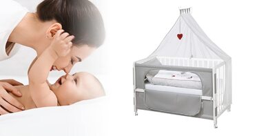 Crib Attachment Bed 60 x 120 cm - Adam & Eule Room Bed - Baby cot to be attached to parent's bed - Includes mattress, bedding, canopy - Mobile & Height adjustable - Wood white / Adam & Eule 126L x 66W x 157H cm