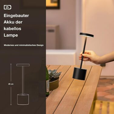 LED настільна лампа бездротова, акумуляторна, торшера з сенсорним керуванням, диммування, 3 колірні температури, регулювання яскравості, для спальні, кафе, чорного кольору, 1 шт.