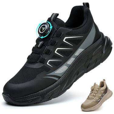 Черевики робочі чоловічі та жіночі спортивні, легкі, дихаючі, на шнурівці, з швидкою застібкою, з обертовим закриттям, з металевим підсилювачем, 44 EU, чорні