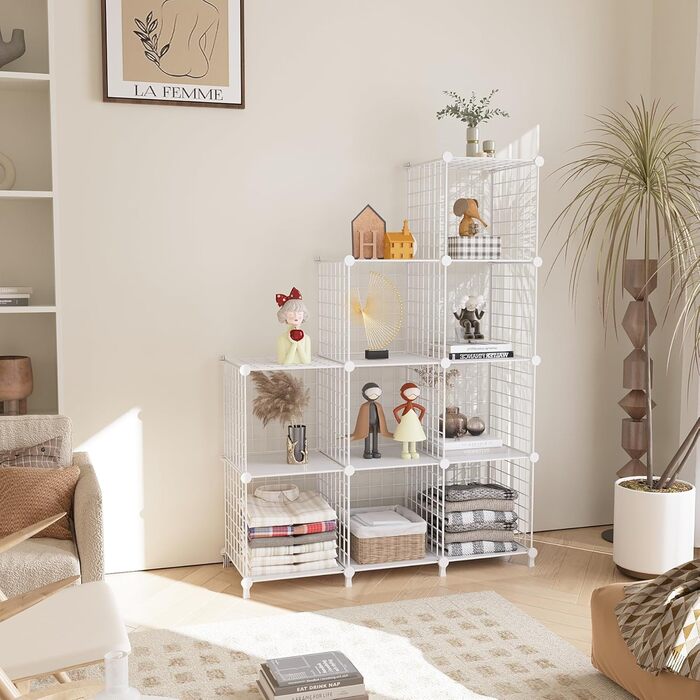 AWTATOS Regal 12 Regal Wire Cube Stackable Shelf Cube DIY Metal Grid Shelf Cube Bookshelf Cube Shelf With Doors For Living Room, Bedroom, Bathroom USCIH12BE (Medium, White)