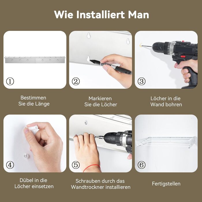 Настінна сушилка для білизни Donken, 80 см, розкладна, для ванної кімнати, балкону, тераси, біла