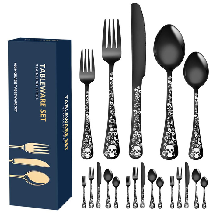 Набір столових приборів Xiaoyu Готичний (20 шт) для 4 осіб: Черепи, квіти, чорний колір - ідеально для Хелловіну