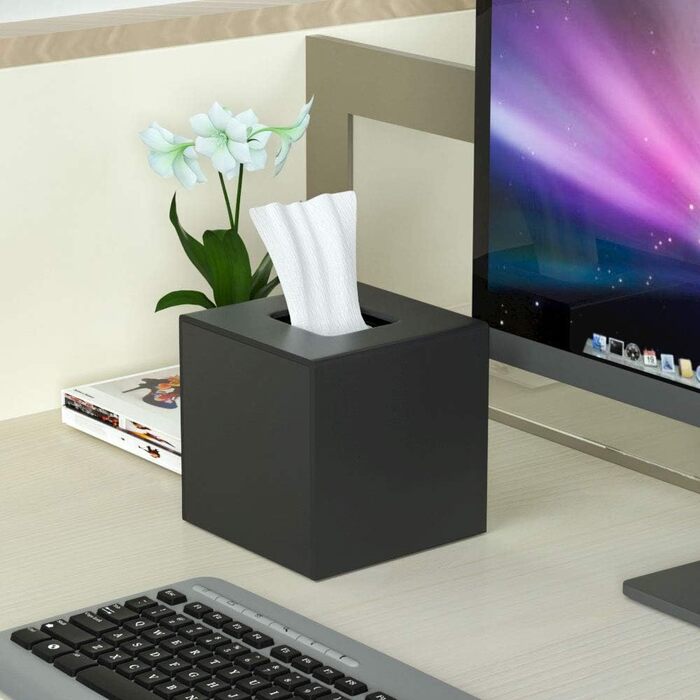 HIIMIEI Square Cosmetic Tissue Box, 14 x 14 x 14cm Acrylic Pocket Tissue Box | Tissue Box with Magnetic Cover for Dining Room Bathroom Bedroom Car Office - Matte Black