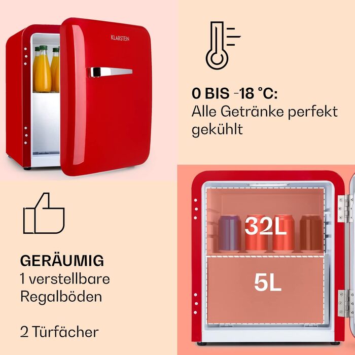 Klarstein Mini Kühlschrank з морозильною камерою 37л: компактний холодильник для напоїв та косметики, ретро-дизайн, тихий, для кімнати, 2в1, червоний, енергоклас E
