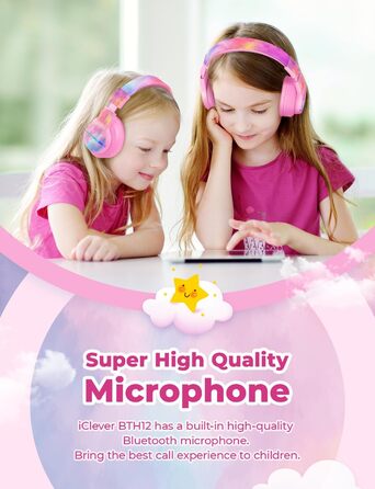 iClever Бездротові навушники для дітей з LED-підсвіткою, Over-Ear, Bluetooth 5.2, мікрофон, BTH12 (Tie-dye рожевий)