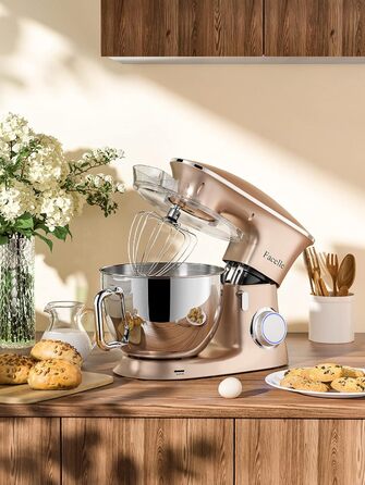 Facelle 2000W 8.5L Stand Mixer - Dough & Cake Mixer with Whisk, Dough Hook, Beater & Splash Guard for Baking, Cakes, Cookies, Kneading, 6+ Speed - Champagne Color