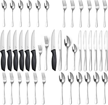 Набір столових приборів на 6 осіб, Targzier, 36 предметів, нержавіюча сталь, з ножем для стейку, для сім'ї/вечірки/готелю, чорний, придатний для миття в посудомийній машині