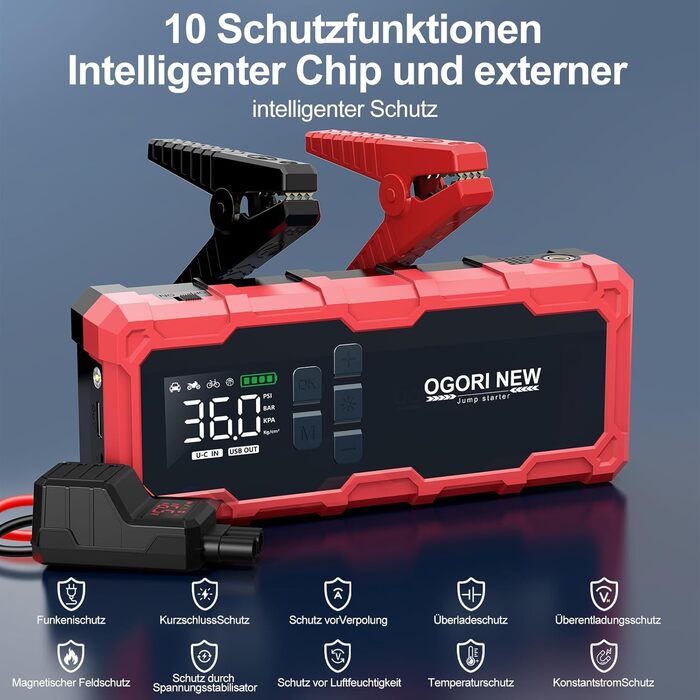 Powerbank Starthilfe з компресором 6000A, 12V, для бензинових (8L) та дизельних (10L) авто, з LED-ліхтариком