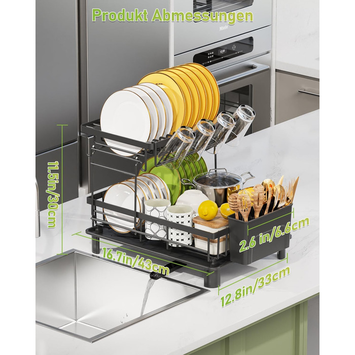 LIONONLY Dish Drying Rack, Large 2-Tier Dish Drying Rack with Drip Bowl, Stainless Steel Dish Drying Rack with Utensil Holder, Beverage Holder, and Swivel Spout, Dish Drying Stand Kitchen