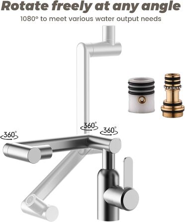 Кухонний змішувач Vorfenster з висувною насадкою, 1080° обертання, 2 режими, нержавіюча сталь, для кухні/ванної кімнати