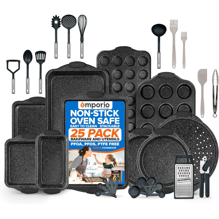 Набір форм для випічки Emporio Kitchen – антипригарне покриття, набір форм з вуглецевої сталі з сірими силіконовими ручками, без PFOA, PFOS, PTFE, рецептурник в комплекті, деко для випічки (до 230°C), сірий, набір з 25 шт.