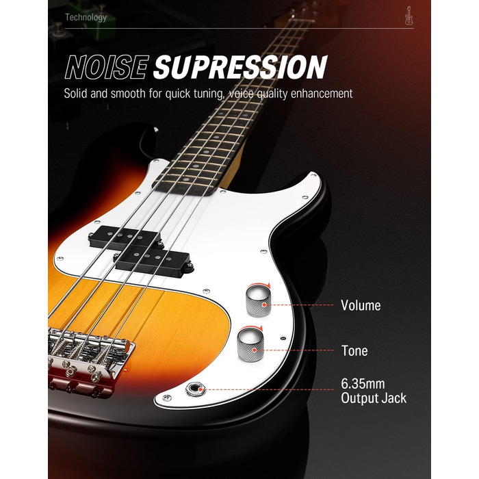 Бас-гітара Donner E для початківців, 4-струнна P-стиль, повний розмір, з сумкою, ременем та кабелем (sunburst)