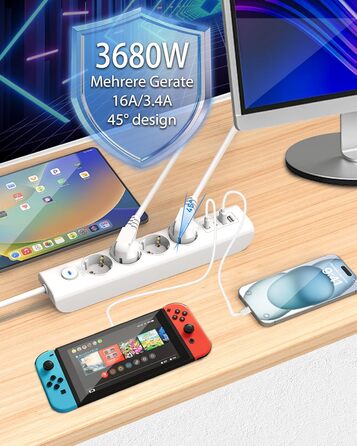 Мережевий фільтр Steckdose 8 в 1 з USB, 3680W з вимикачем, 16A з 2 USB-C, для смартфонів, ноутбуків, iPad, білий кабель 1.8м