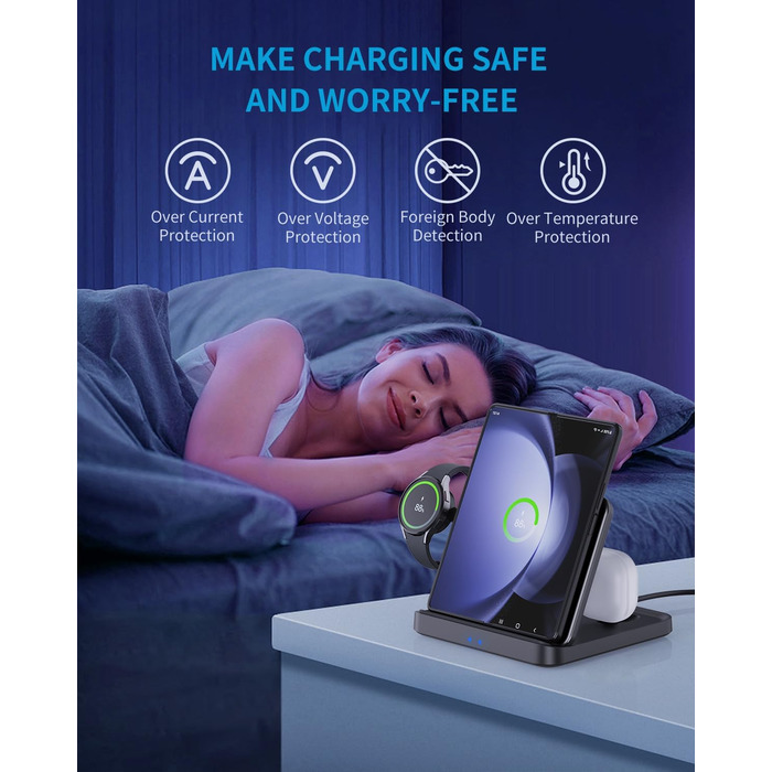 Бездротова зарядка 3-в-1 для Samsung Galaxy Z Fold 7/6/5, Z Flip 6/5/4/3, S23/S22, Note20/10 Ultra, Watch 6/5/Pro/4/3, Earbuds 2/2 Pro/Live