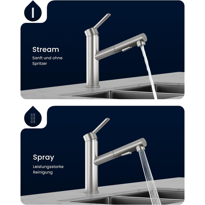 Однолеверний змішувач для кухні Dayone з висувною лійкою, нержавіюча сталь, 3 режими, 360° обертання, для кухонних мийок (15 см), матовий, преміум якість