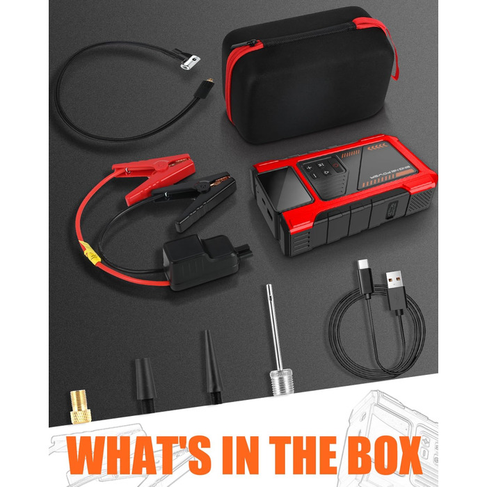 Powerbank для автомобіля з компресором 150 PSI та пусковим струмом 6000A (до 9.0л бензин/7.5л дизель), Jump Starter 12V з LCD дисплеєм, LED ліхтарик, червоний