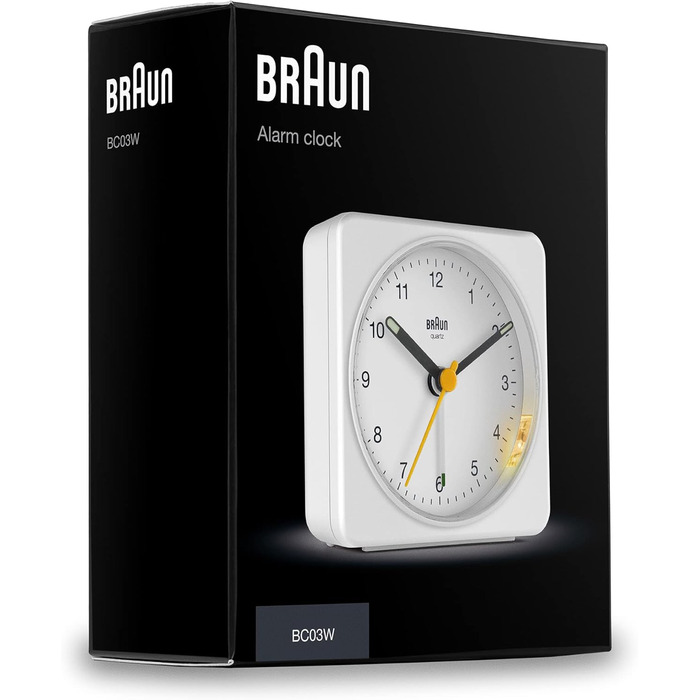Braun Classic Analog Alarm Clock with Snooze Function and Light, Silent Quartz Movement, Crescendo Alarm, White Model BC03W