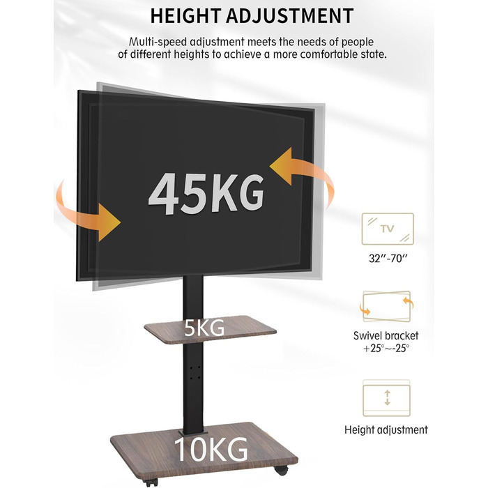 Підставка для телевізора Delphos Mobiler TV – мобільна, з дерев'яною основою, для телевізорів 32-70 дюймів, до 45 кг, регульована по висоті (до 130 см), поворотна ±25°, VESA 600x400 (волоський горіх)