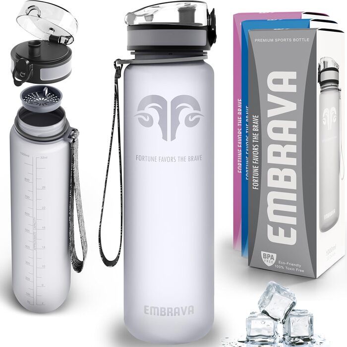 Embrava Best Sport Water Bottle - 1000ml - fast-flowing, flip-top leak-proof lid that opens with a click - non-toxic, BPA-free & eco-friendly Copolyester Tritan plastic