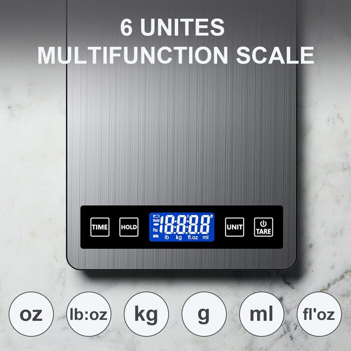 Кухонні ваги GRAM: цифрова вага для приготування їжі та випічки, 10 кг, з таймером та функцією утримання, точність 1 г, з нержавіючої сталі та загартованого скла
