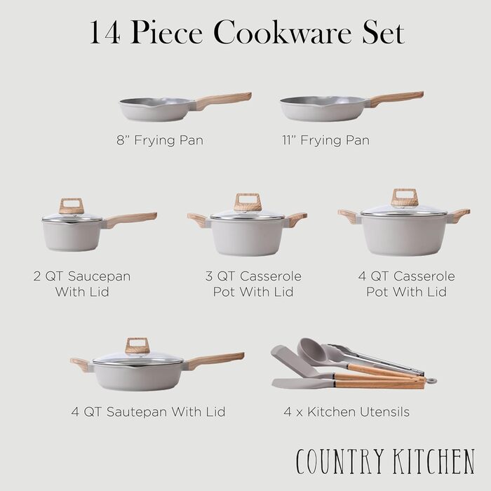Набір посуду Country Kitchen 14 предметів: каструлі, сковороди, кухонні прилади. Антипригарне покриття, алюмінієвий литий посуд, кремовий колір