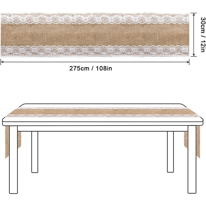 BIT.FLY Jute Table Runner with Lace - 5 Pack 30 x 275cm Table Runner Wedding Decoration Table Band made of Natural Linen for Weddings, Dinners, Parties, Table Decorations