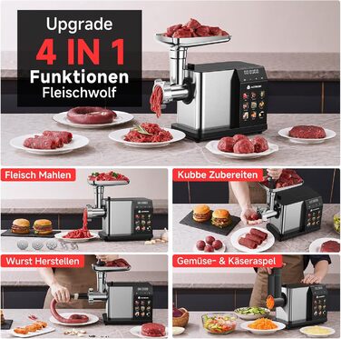 М'ясорубка електрична AAOBOSI 3000W з LED-дисплеєм, 3 швидкості, анти-затор, контейнер для зберігання, для ковбас та кібе, срібляста