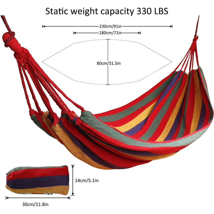 Гамак для відпочинку на відкритому повітрі з бавовни на 1 особу, 190 x 80 см, вантажопідйомність до 150 кг, з сумкою для перенесення. Підходить для саду, тераси, веранди, пляжу та заднього двору.
