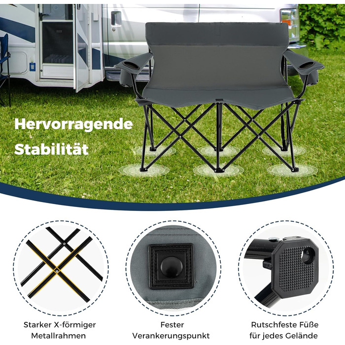 Крісло-диван для кемпінгу на 2 особи Costway, розкладне, з підсклянниками та підлокітниками, 300 кг, сіре