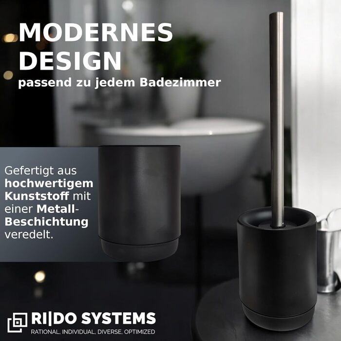 Торцева щітка для унітазу з нержавіючою ручкою - комплект з 2 насадками для ванної кімнати. Стійка, кругла щітка для туалету. Гігієнічна, антибактеріальна (чорний)