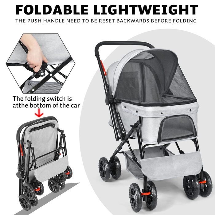 Візок для собак Wedyvko до 20 кг, 4 колеса, складний, для маленьких та середніх собак та котів, з кошиком для зберігання та тримачем для напоїв (сірий)